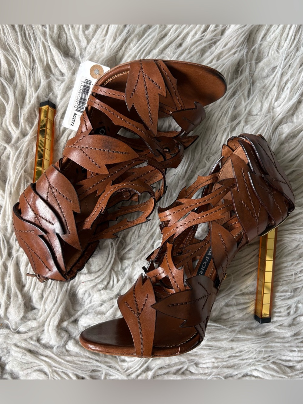 Tom Ford Leaf Laser Cut Stitched Brown Leather Geometric Plexi Heel Sandals 37 - Picture 2 of 9